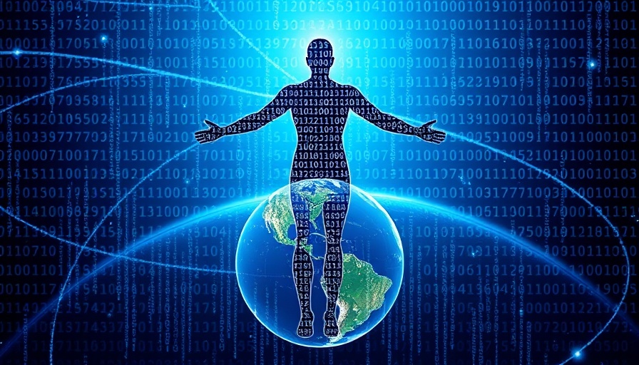 Digital human silhouette with binary code above Earth, AI concept.