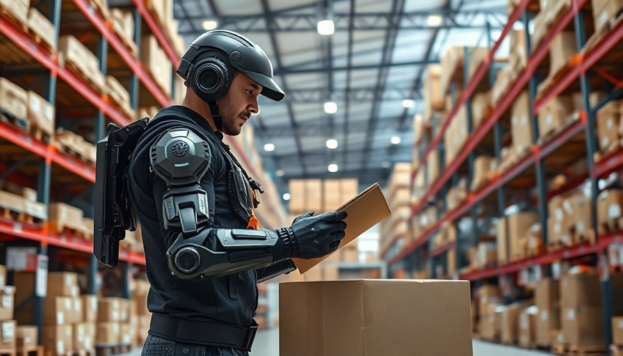 Warehouse worker with AI-powered exoskeleton in industrial setting.
