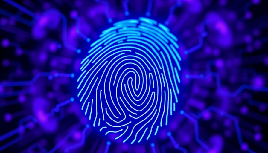 Glowing digital fingerprint on purple background symbolizing AI leadership in technology.