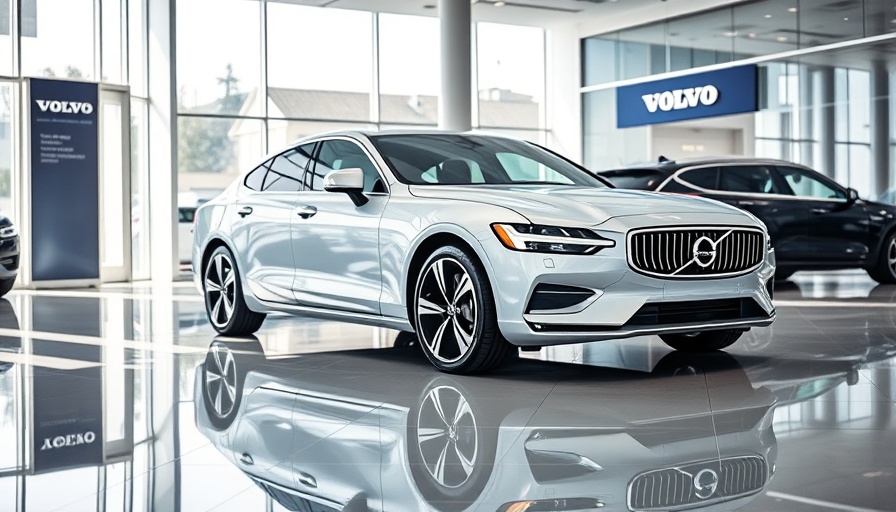 Volvo dealership with sleek silver sedan in showroom lighting.