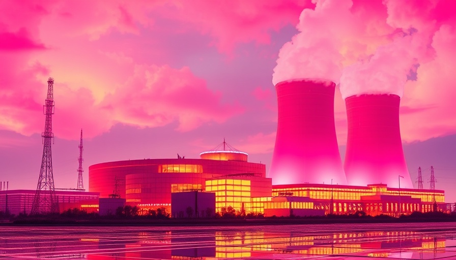 Abstract depiction of nuclear power plant with AI integration.