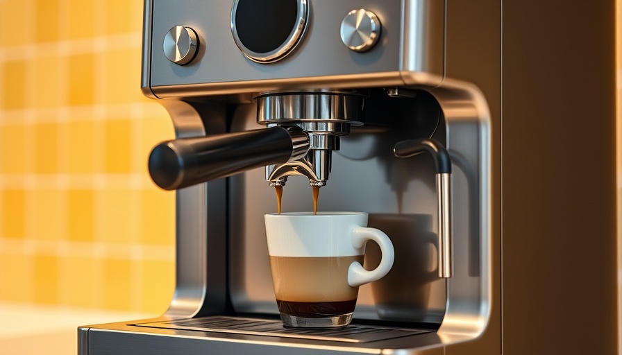 Ninja Luxe Cafe Premier Espresso Machine brewing coffee on checkered background.