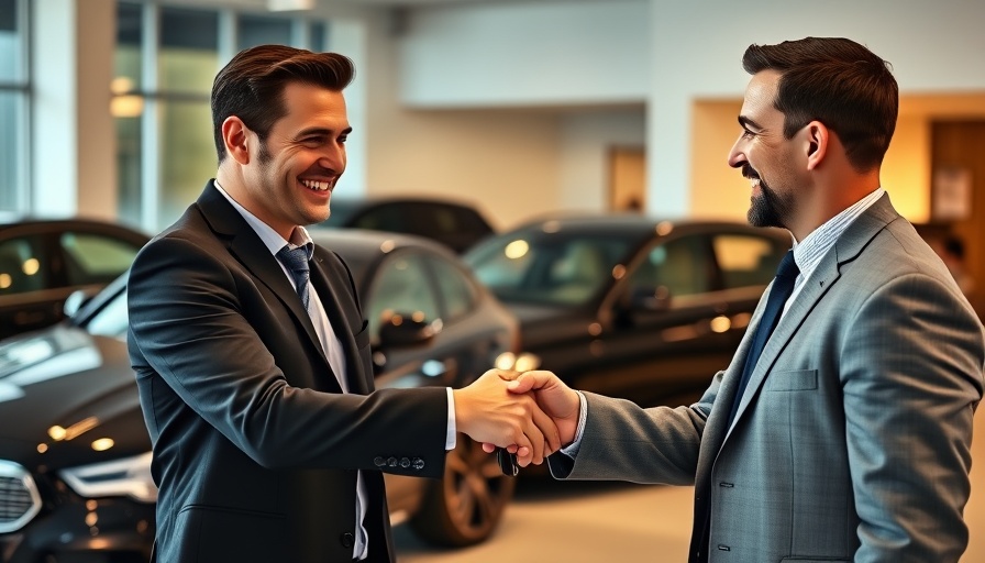 Two businessmen shaking hands in a car showroom, symbolizing successful car sale with positive sentiment index.