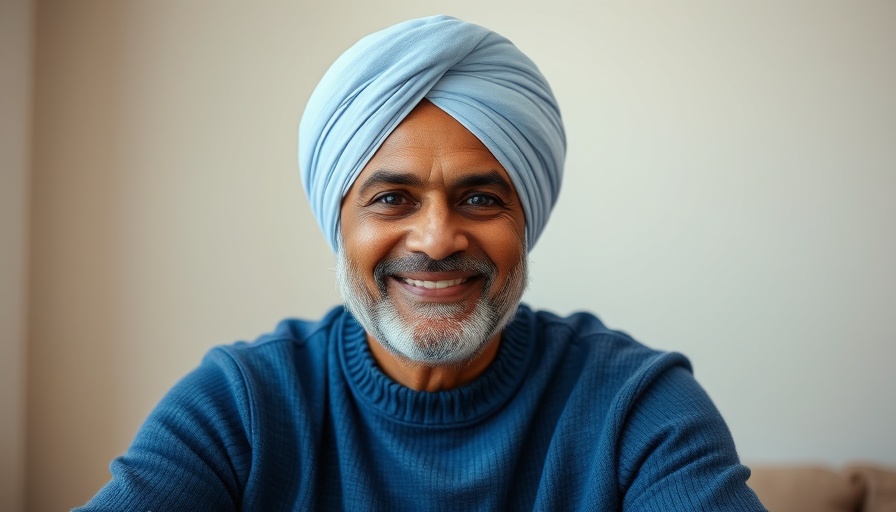 Middle-aged man in turban smiling in a neutral-lit room.