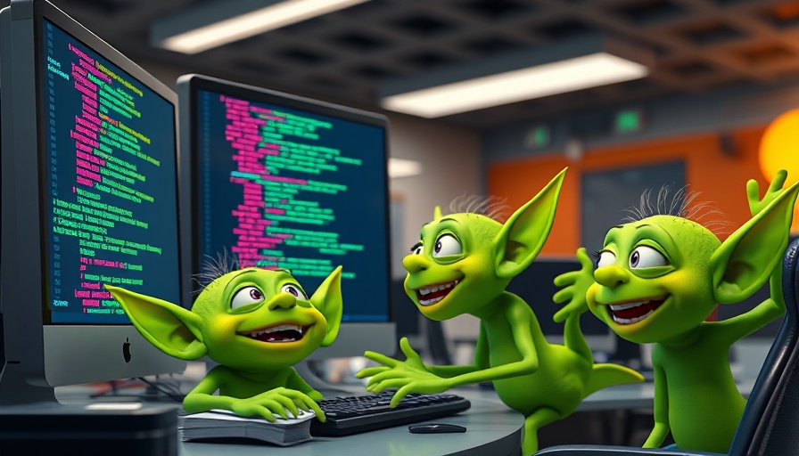 AI Code Review Agent goblins engaging with computer code in vibrant cartoon style.
