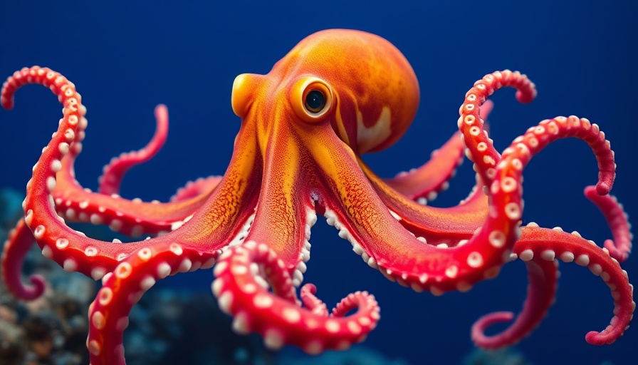Octopus swimming gracefully with spread tentacles in blue sea.