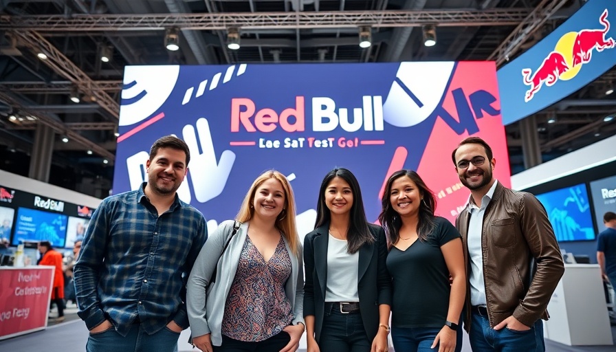 B-to-B marketing strategies event with Red Bull display and four colleagues.