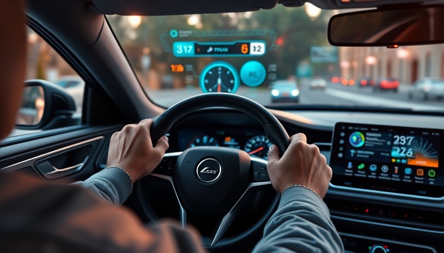 ADAS technology HUD overlay on steering wheel with hands gripping.