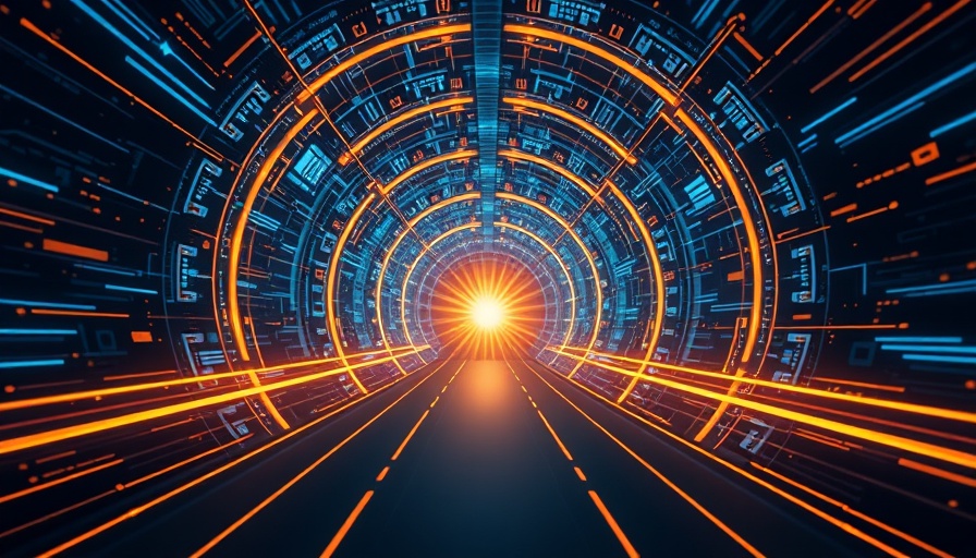 Futuristic data tunnel with light burst symbolizing AI integration.