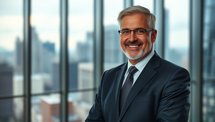 Smiling businessman in office with city view, related to water circularity in business.