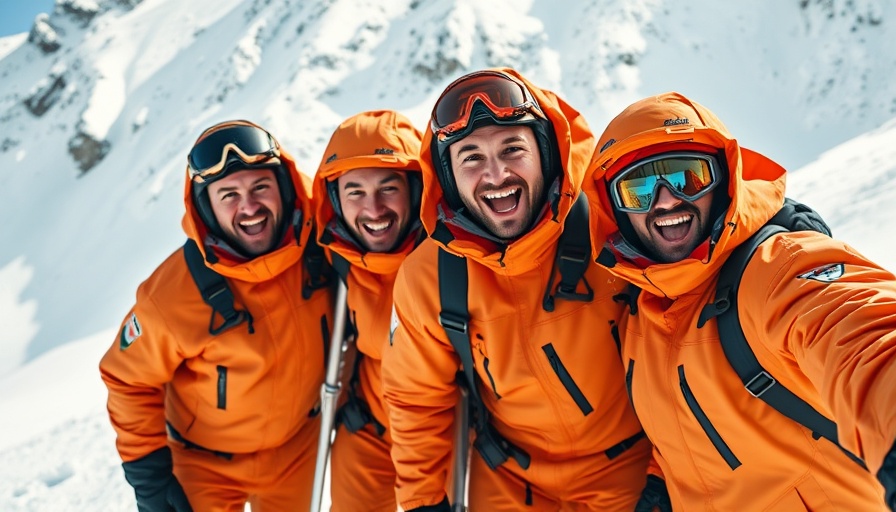 Excited group in orange suits on snowy mountain, Mountainhead Jesse Armstrong review.