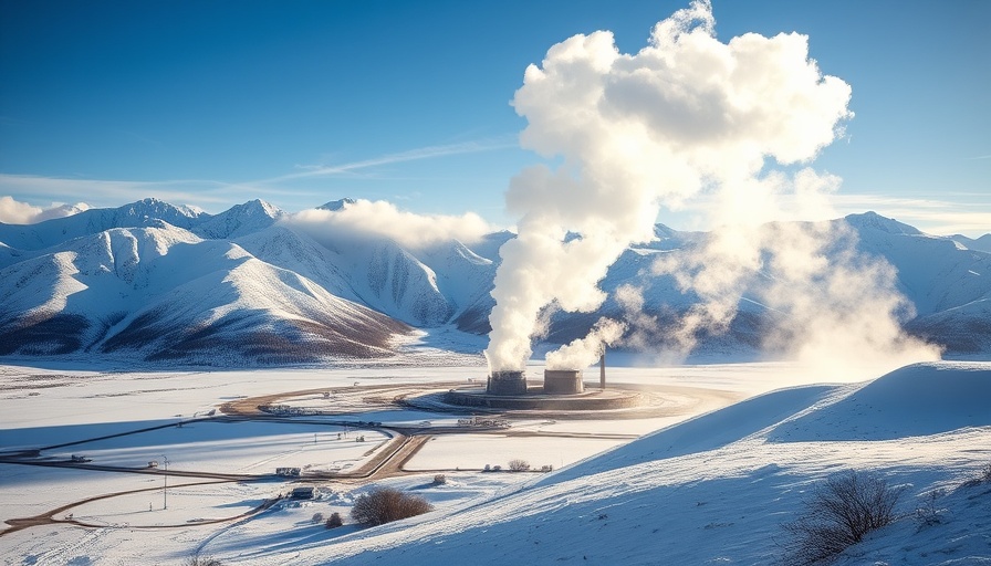 Geothermal energy plant in snowy European landscape with bright sun.