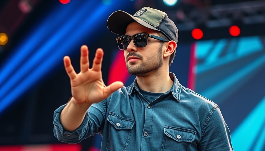Man wearing sunglasses and cap speaking on stage, vibrant background.