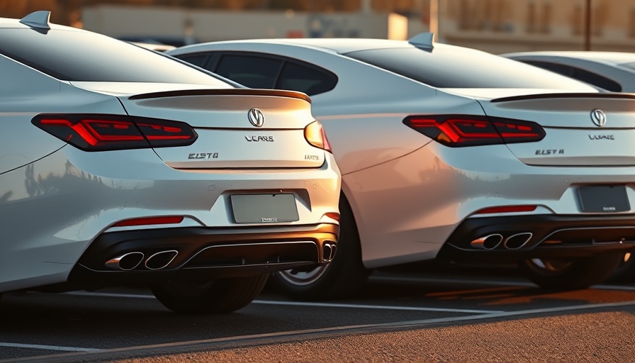 Close-up of sleek white cars in parking lot under warm sunlight.