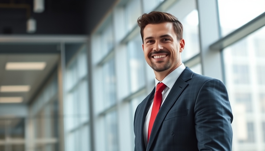 Businessman in suit with red tie, standing confidently indoors.