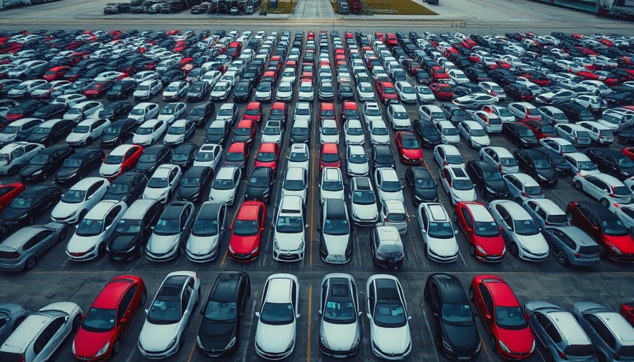 Aerial view of a sprawling car lot reflecting 2025 Automotive Market Insights.
