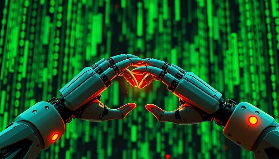 Futuristic robotic hands in digital matrix, symbolizing Retool automates over 100 million hours of work.