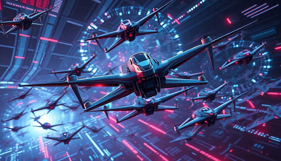 Futuristic drone swarm showcasing anti-drone weapon technology and AI growth.