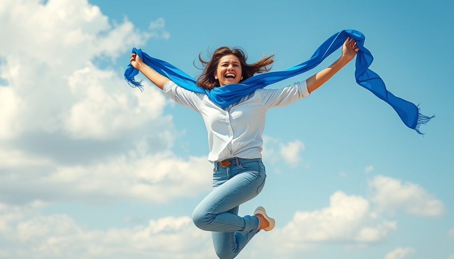 Joyful woman leaping with blue scarf, representing global wellness market trends.