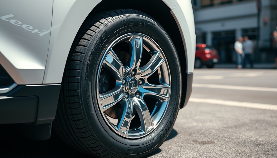 Close-up of modern car wheel with Goodyear tire in sunlight.