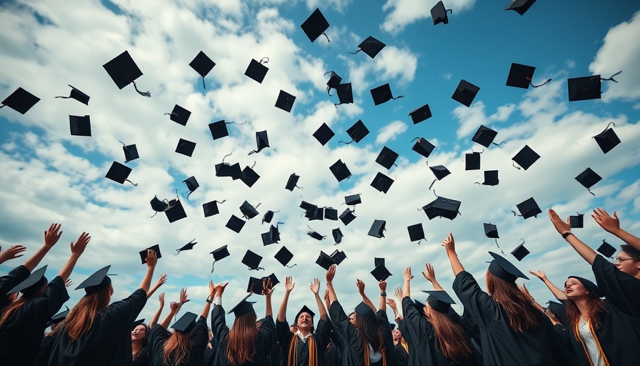 Graduates celebrating by tossing caps into a cloudy sky.