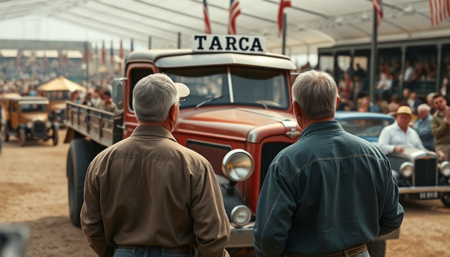 Father and son at Targa truck auction, vintage atmosphere.
