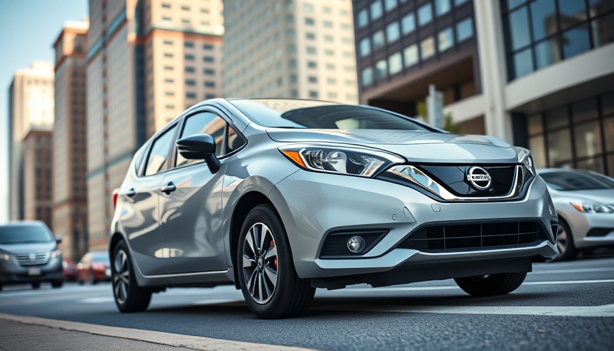 Nissan manual-transmission Versa on city street, vibrant design.