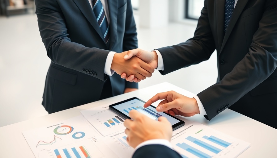 Professional handshake and data analysis in office, AI core to strategy.