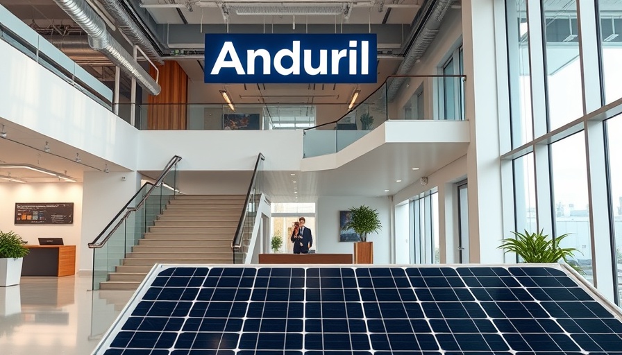 Modern office with Anduril sign, featuring a staircase and solar panel, showcasing advanced technology in a sleek setting.