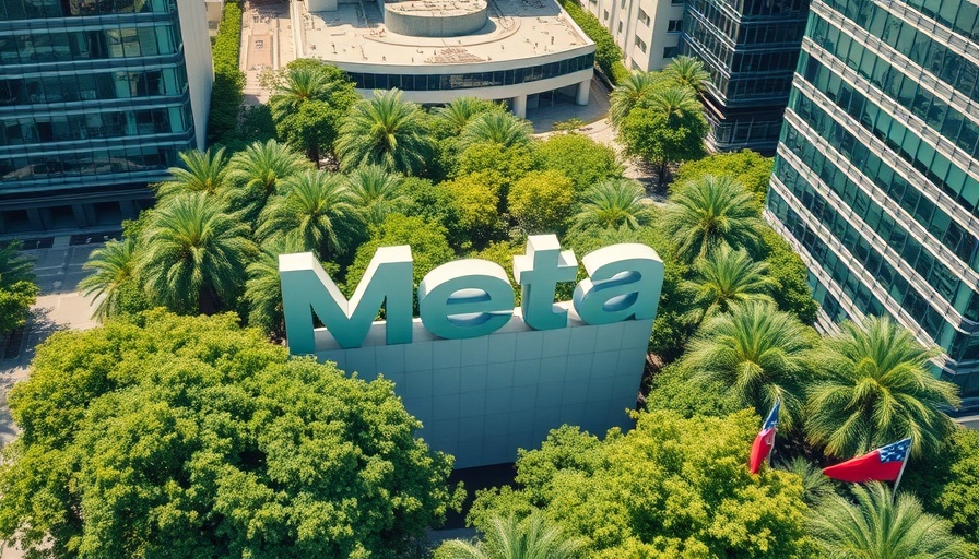 Meta headquarters sign surrounded by trees and buildings, aerial view.