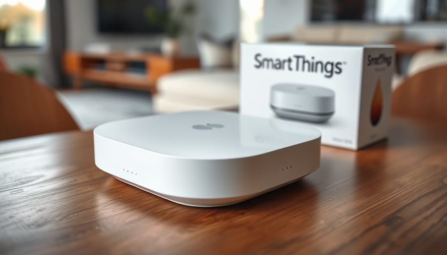 SmartThings Station home automation hub on a wooden surface.