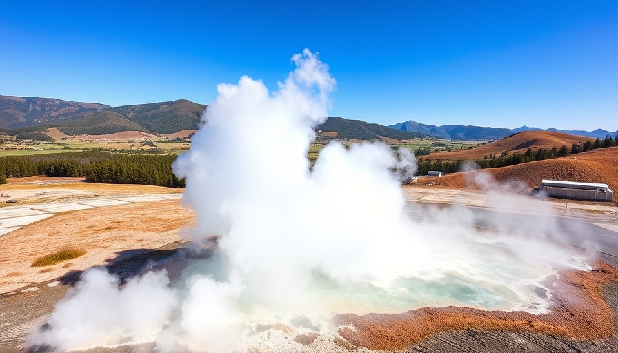 Geothermal energy in Europe: steam rising from green hills under blue sky.