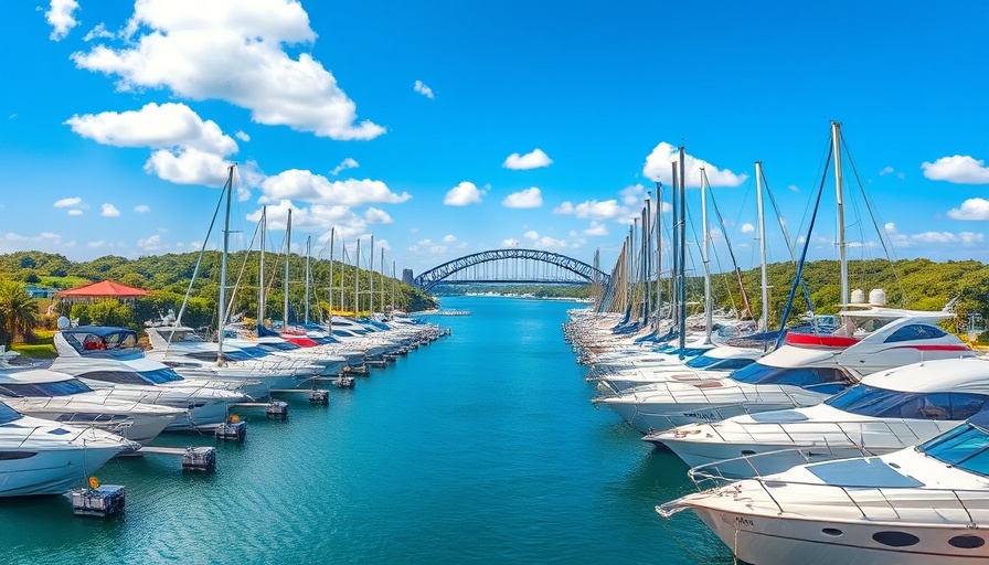 Marina with white yachts under a bright sky depicting boat registrations decline.
