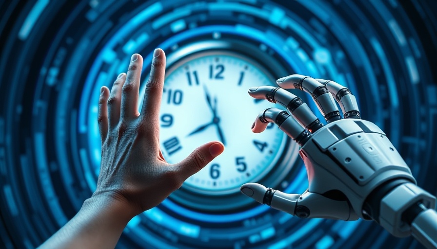 Human and robotic hands pointing at distorted clock, zero-redundancy AI model architectures.