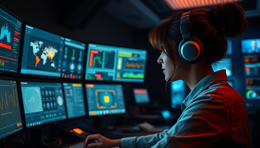 Professional using AI-powered emergency response platform in control room.