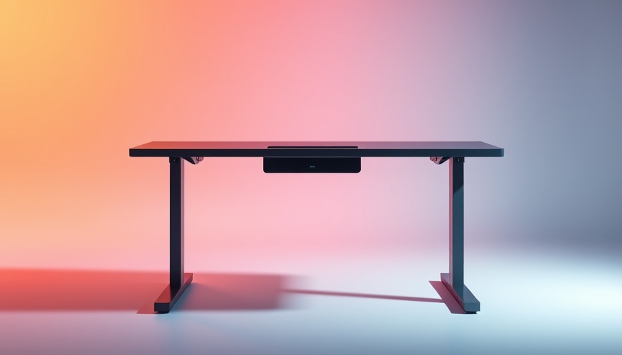 Sleek modern electric standing desk in vibrant gradient background.