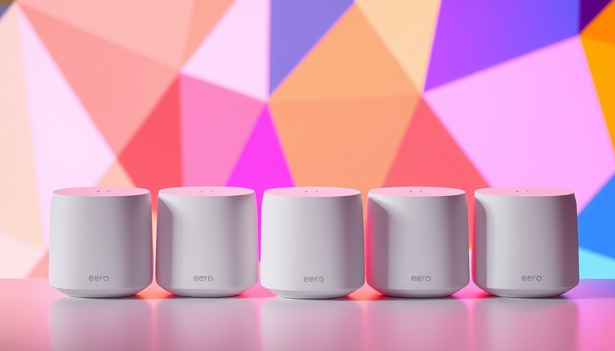 Sleek Eero Wi-Fi mesh routers with vibrant geometric background