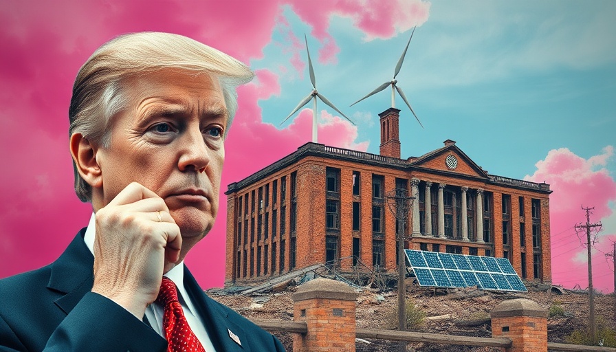 Surreal depiction of US climate studies shutdown with broken solar panels.