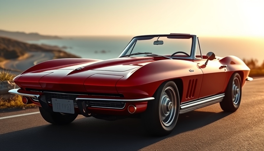 Classic Chevrolet Corvette on a scenic coastal road, sunset view.