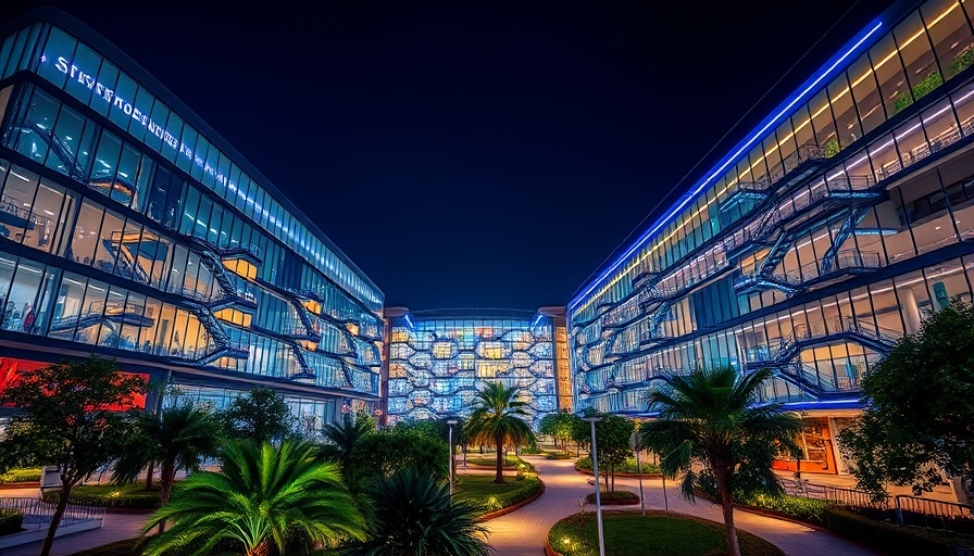 AI-generated advertising by Meta featuring a modern architectural complex at night with vibrant lighting.