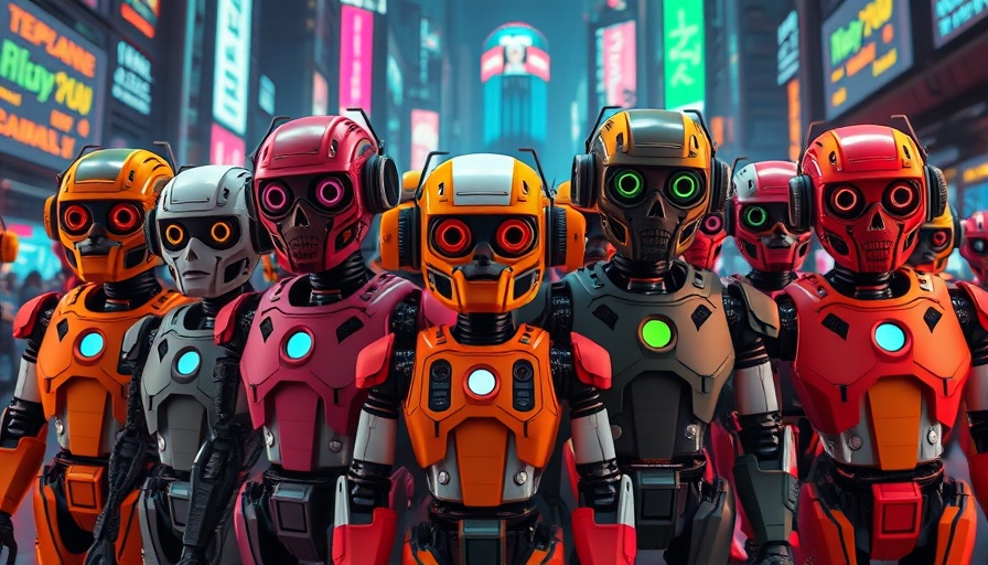 Diverse futuristic robots in neon cityscape; AI Agent Integration.