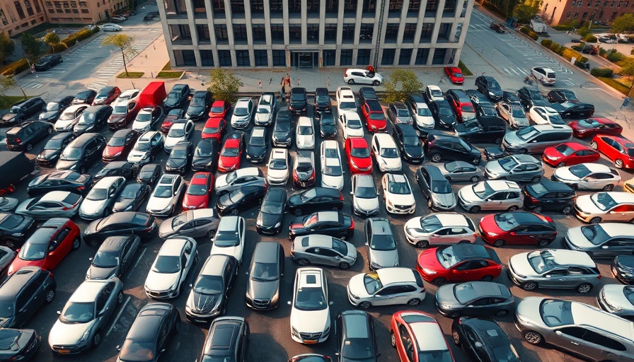 Aerial view of crowded parking lot showing tariff uncertainty in automotive markets.