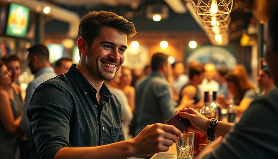 Gen Z bar payment preferences: smiling man with card in lively bar.