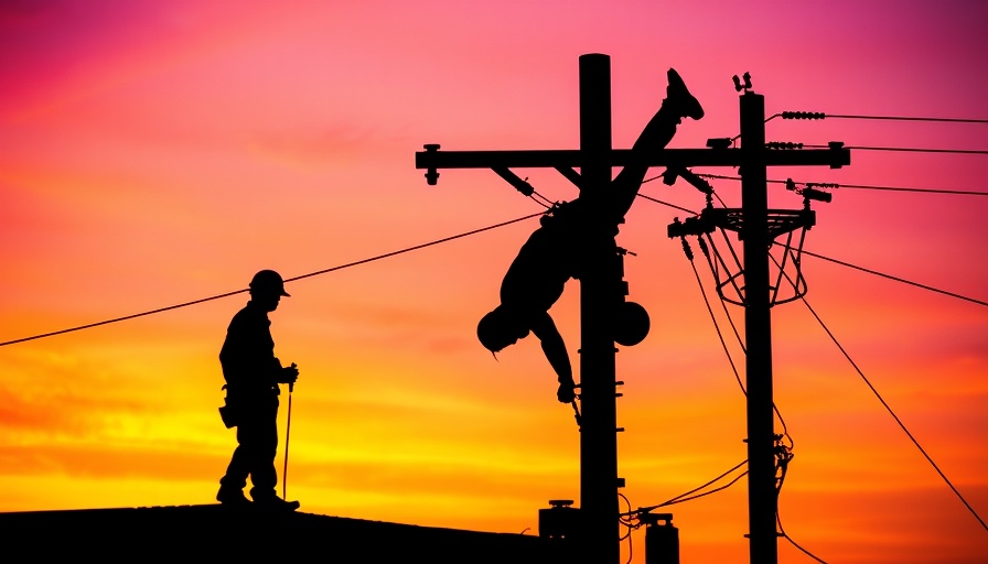 Utility workers balancing on power pole, vibrant gradient background.