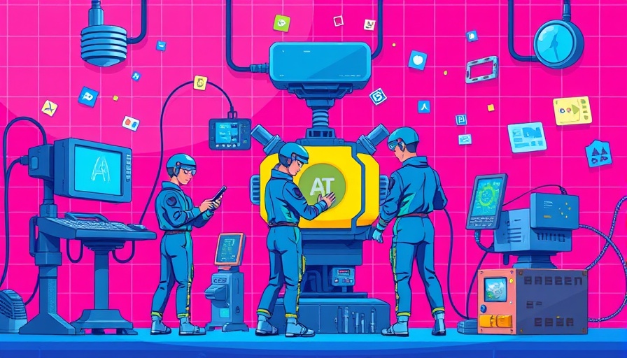Futuristic cartoon scene depicting AI energy use, vibrant colors, detailed machinery.
