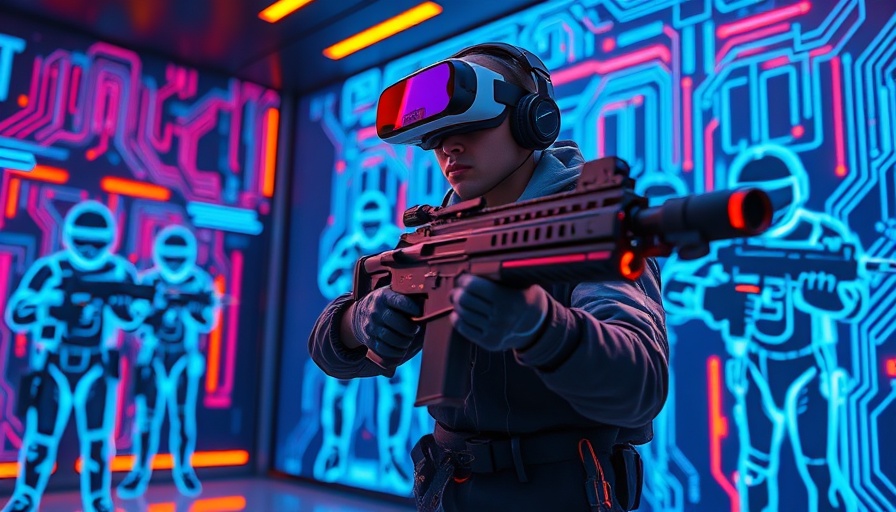 Person uses VR for defense tech simulation, neon backdrop