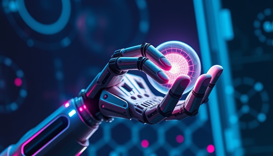 Robotic hand with glowing orb, futuristic digital elements.