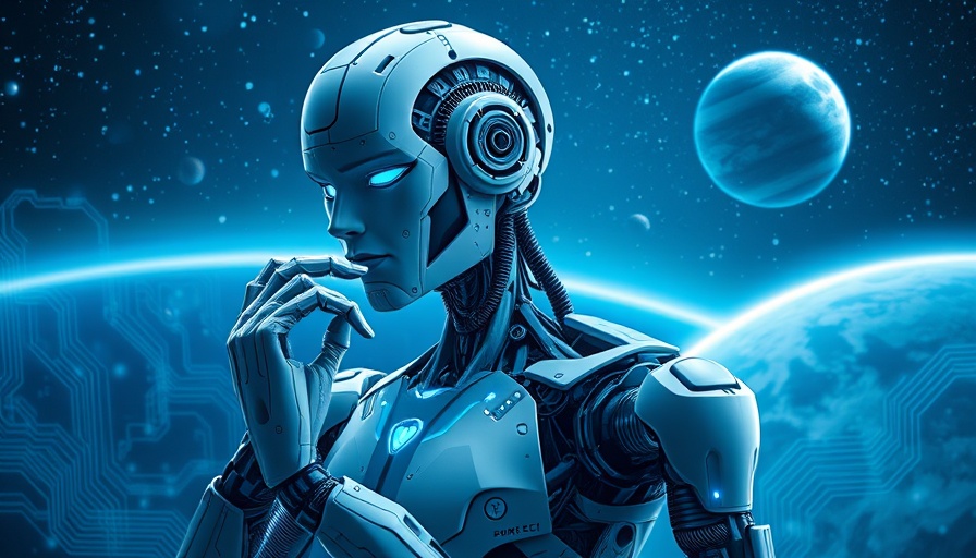 Futuristic robot contemplating in a cosmic digital space, representing Data Visibility and Governance.