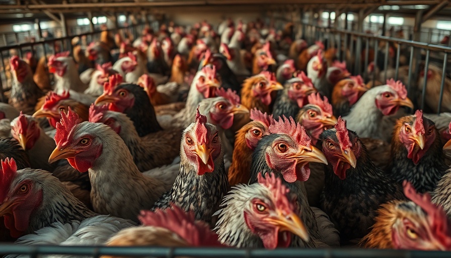 Chickens in crowded cages with distressed expressions in farm industry.
