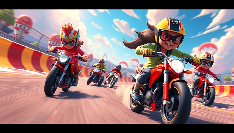 Mario Kart World scene with animated motorcycle race amidst colorful skies.